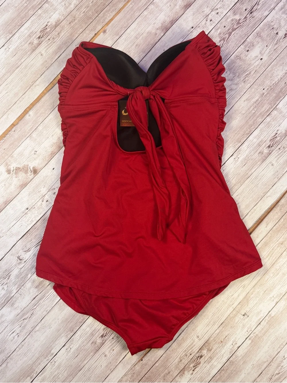 Red Ruched One-Piece Swimdress - Strapless Swimwear - Picture 5 of 7